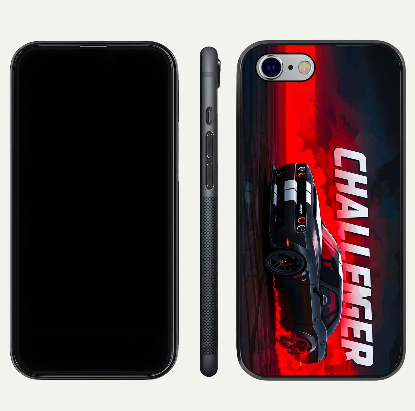Crimson Challenger Fury Glass Case for iPhone 16 Pro dual-view layout displaying bold tones and edge polish