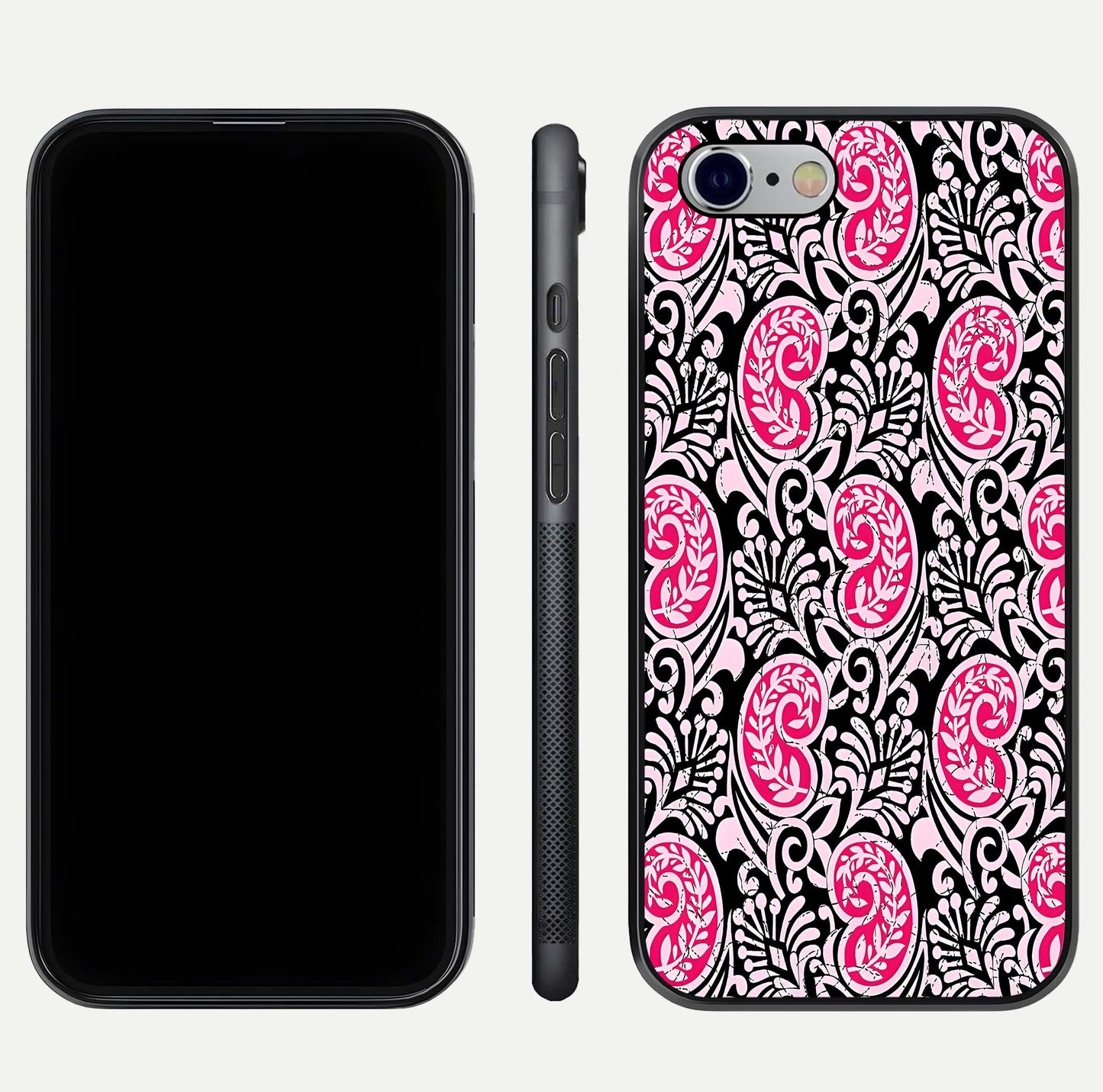 Crimson Paisley Charm Glass Case for iPhone 16 Pro dual-view layout displaying HD print and curved polish