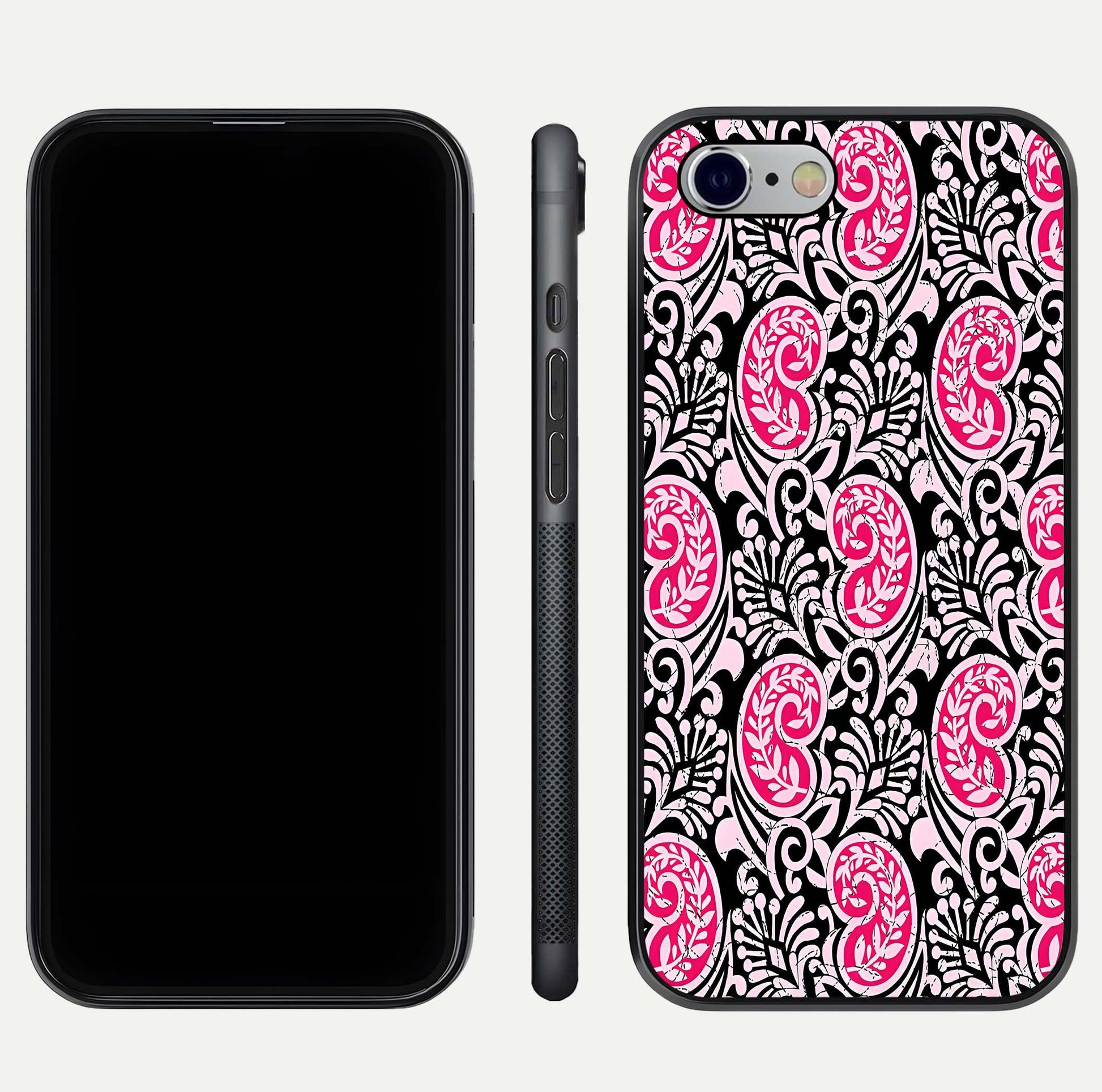 Crimson Paisley Charm Glass Case for iPhone 16 Pro dual-view layout displaying HD print and curved polish