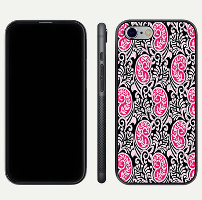 Crimson Paisley Charm Glass Case for iPhone 16 Pro dual-view layout displaying HD print and curved polish