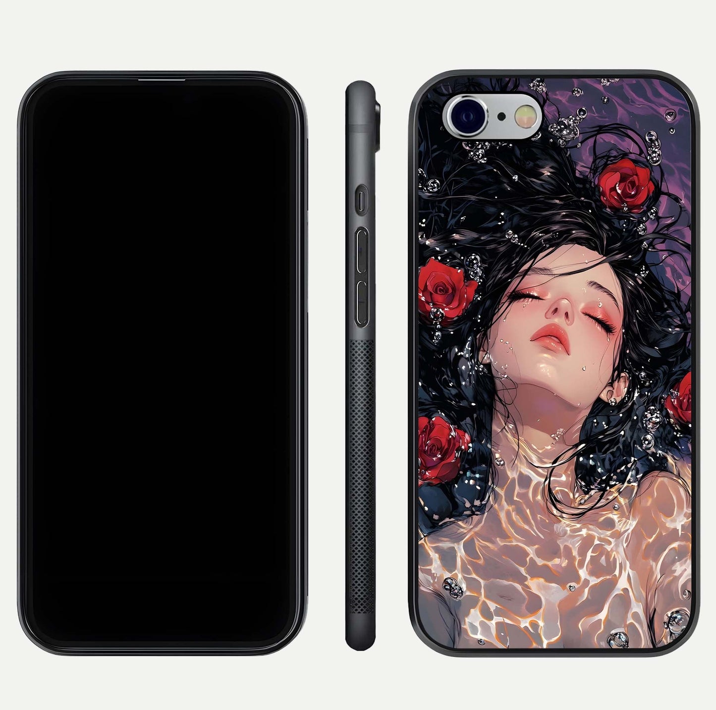 Crimson Rose Serenity Glass Case for iPhone 16 Pro dual-view layout displaying serenity tones and curved glass