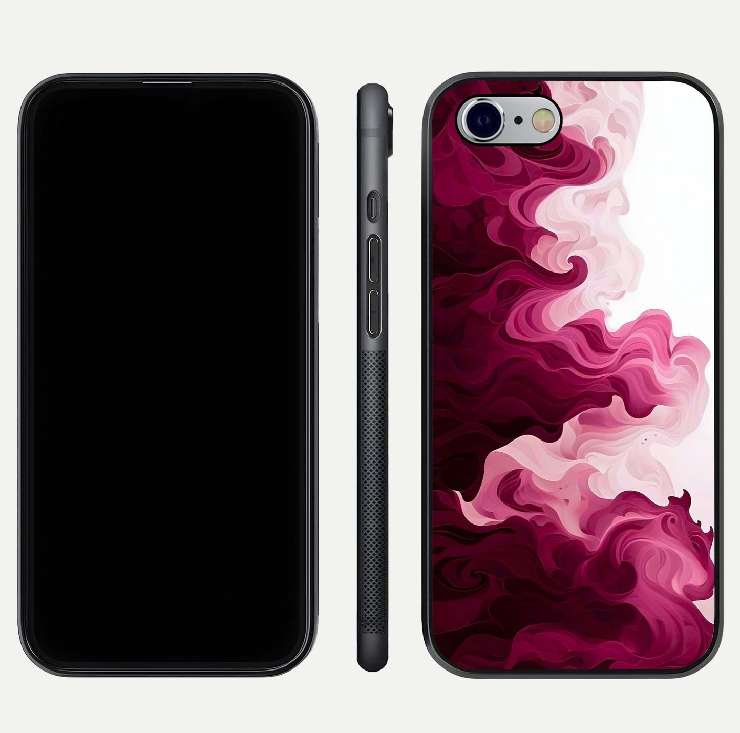 Crimson Wave Flow Glass Case for iPhone 16 Pro dual-view layout displaying curved wave art and polished surface