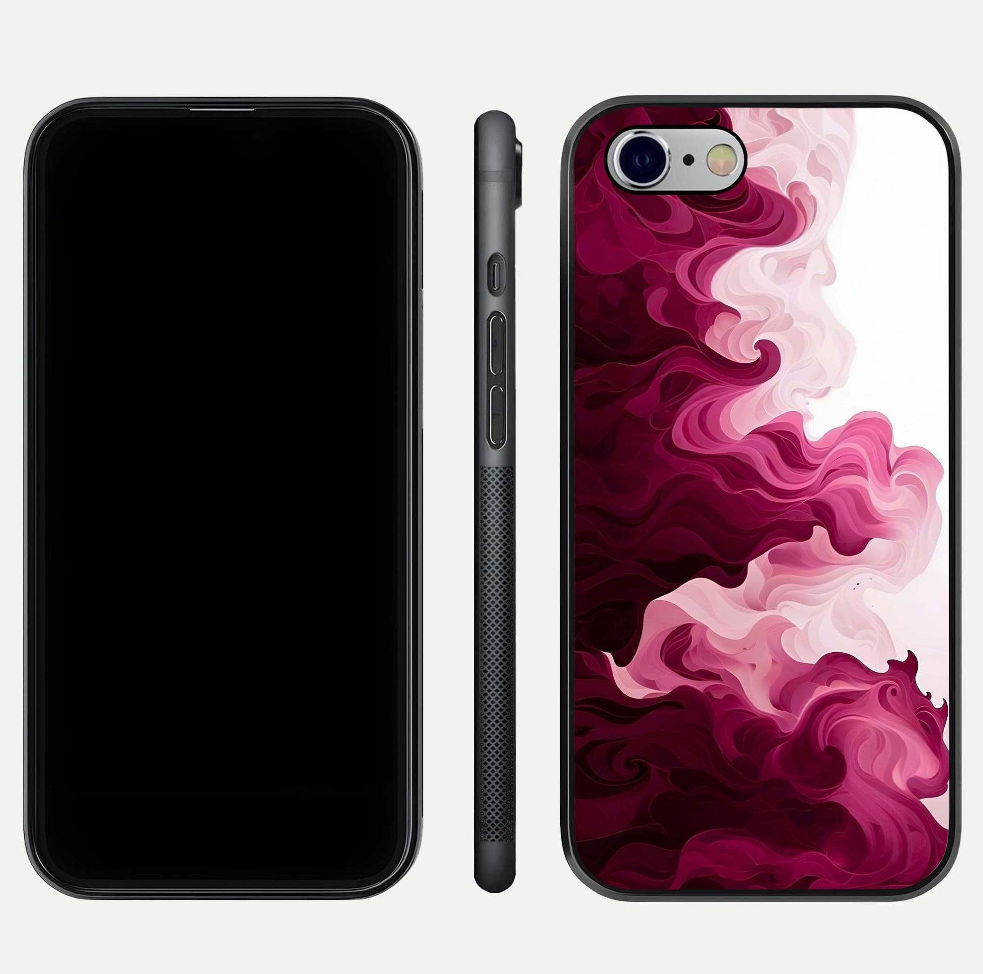 Crimson Wave Flow Glass Case for iPhone 16 Pro dual-view layout displaying curved wave art and polished surface