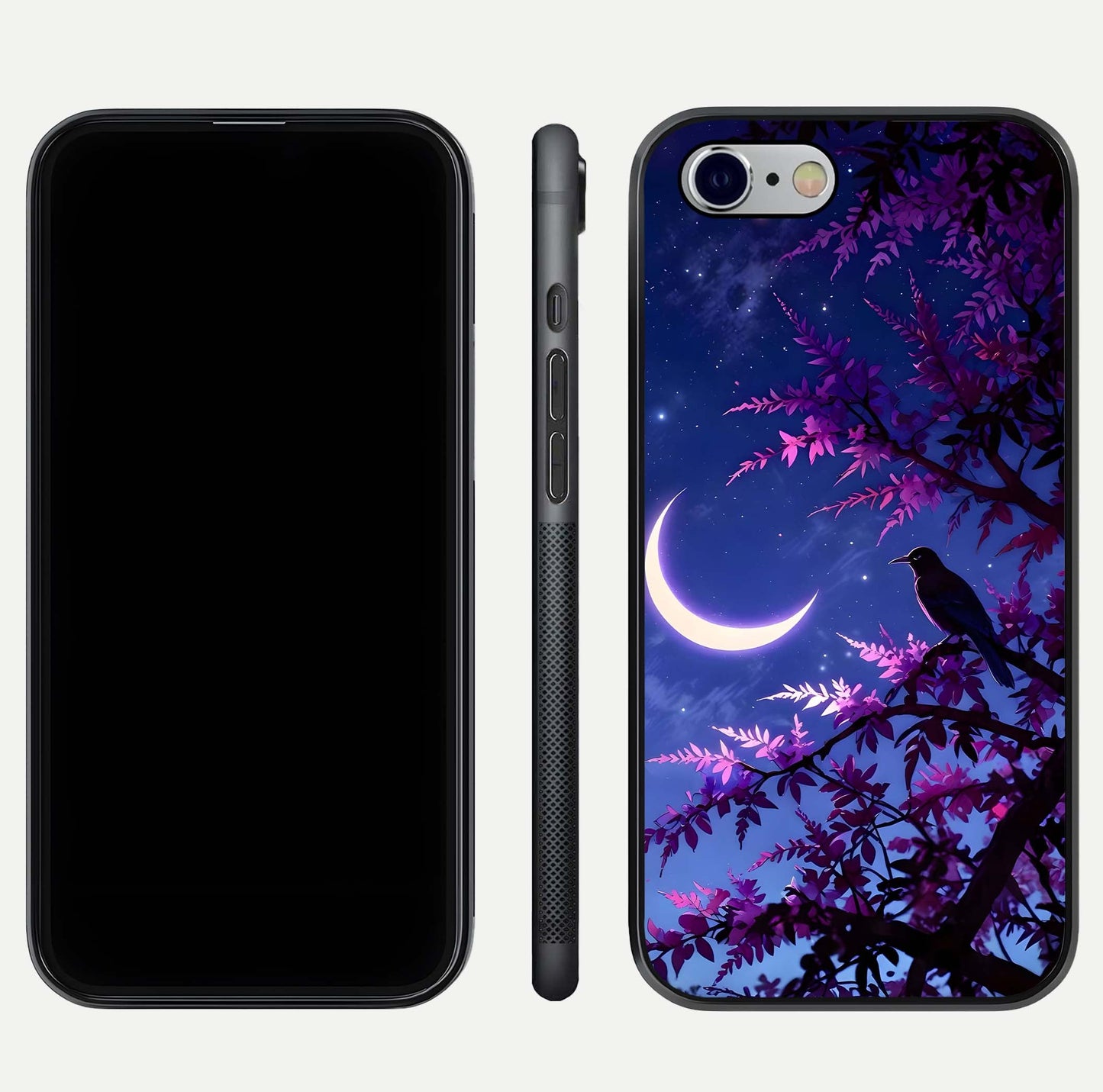 Crow & Moon Scenery Glass Case for iPhone 16 Pro dual-view layout displaying night sky art and curved glass edges