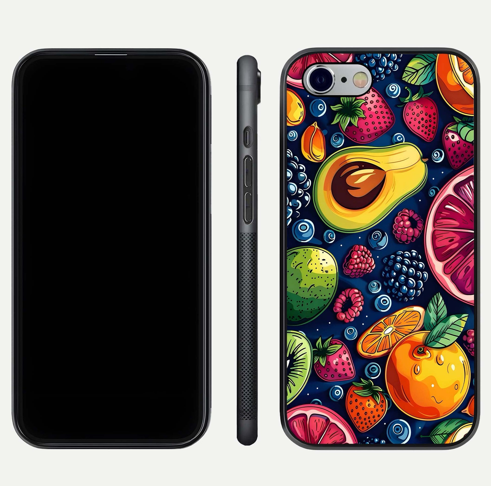 Cute Fruits Art Glass Case for iPhone 16 Pro dual-view layout displaying playful tones and curved design
