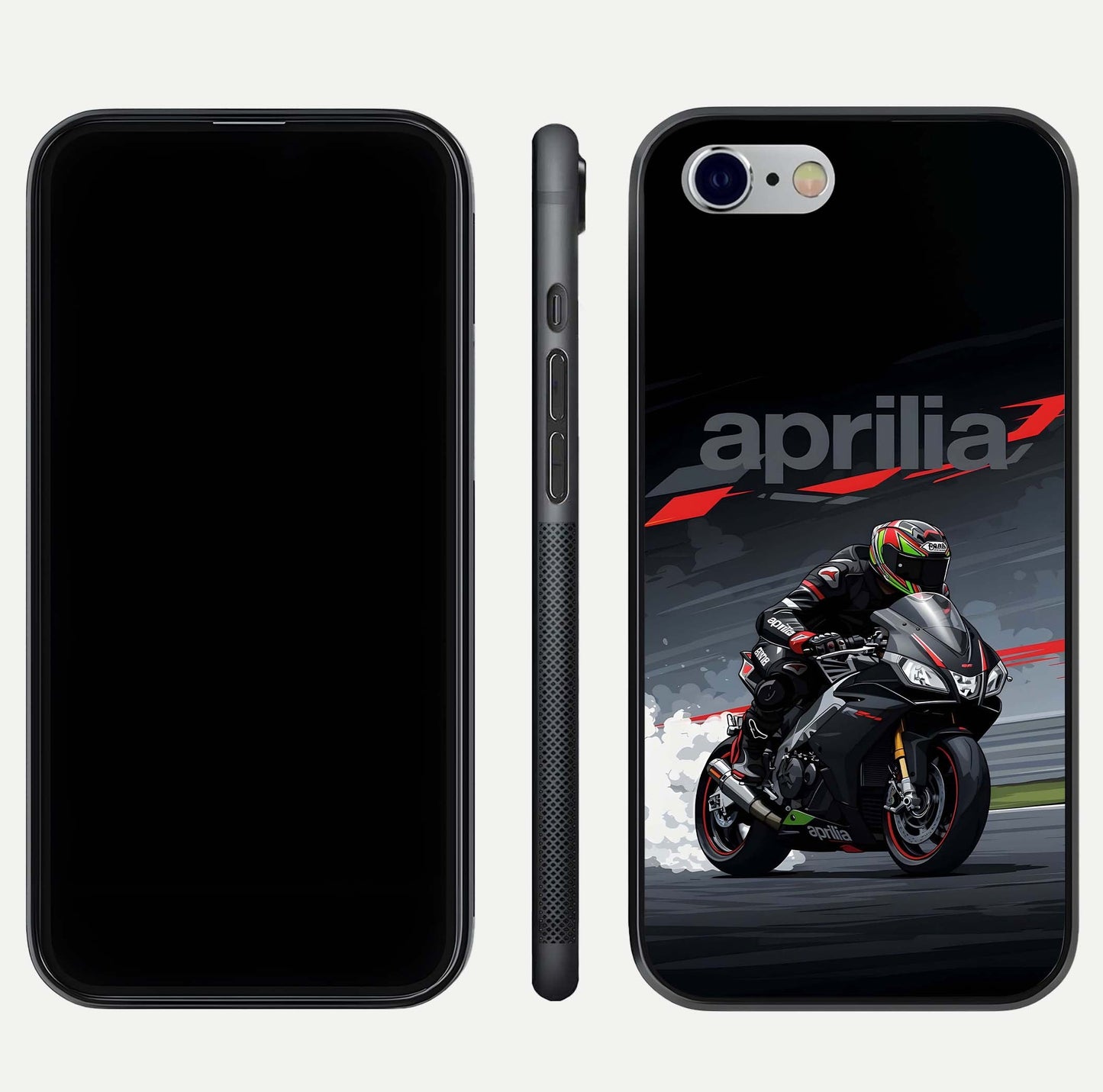 Dark Aprilla Glass Case for iPhone 16 Pro dual-view layout displaying sleek racing look and HD shine