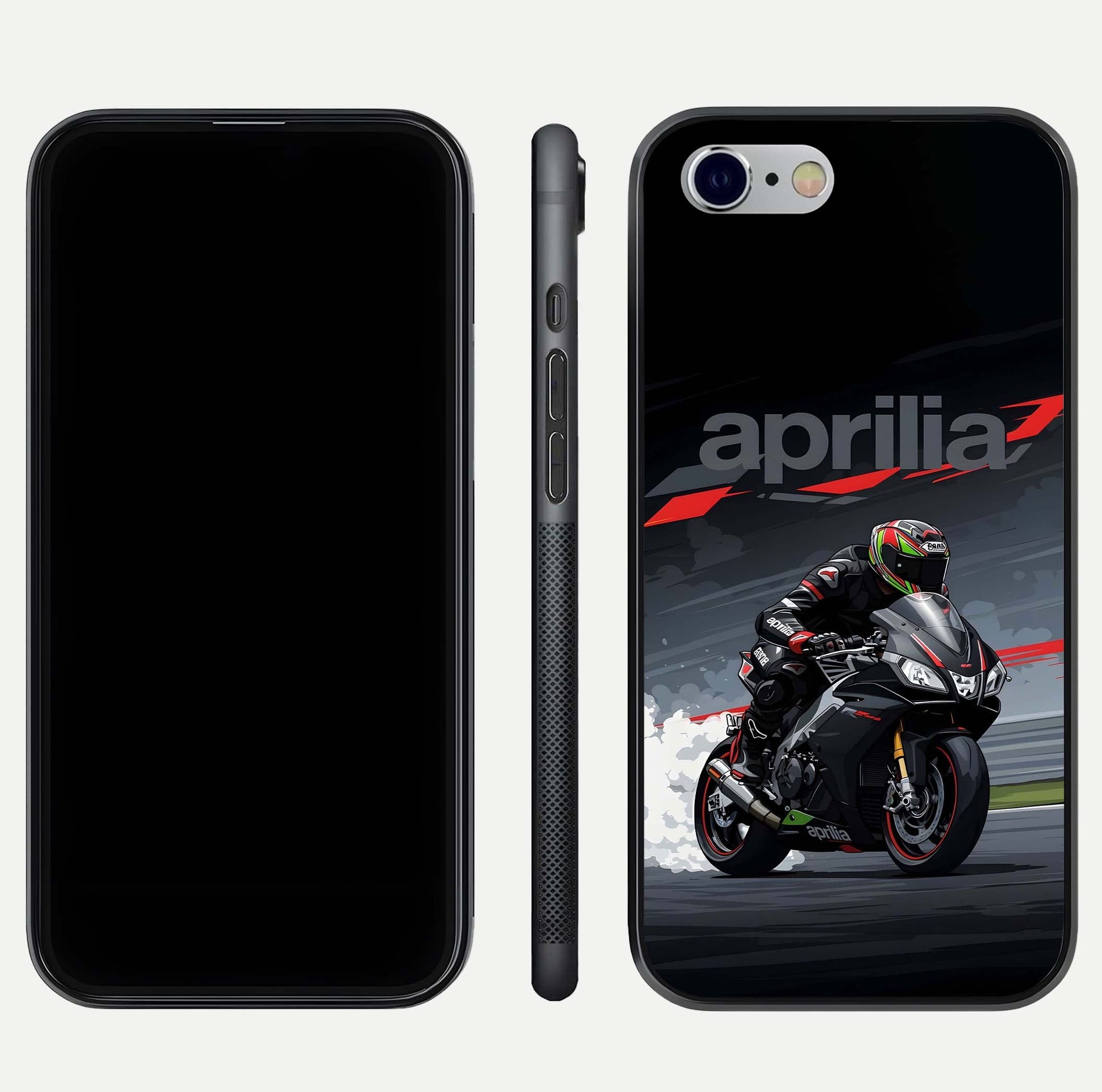 Dark Aprilla Glass Case for iPhone 16 Pro dual-view layout displaying sleek racing look and HD shine