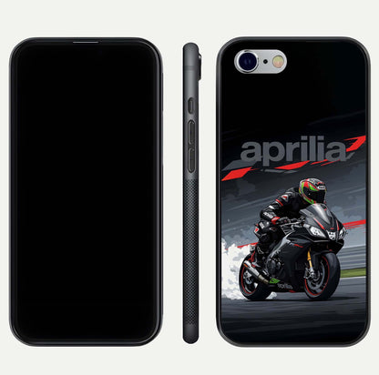 Dark Aprilla Glass Case for iPhone 16 Pro dual-view layout displaying sleek racing look and HD shine