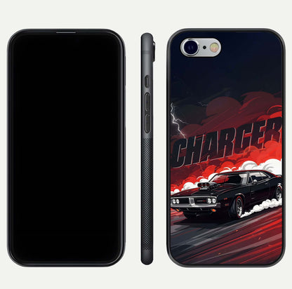 Dark Charger Fury Glass Case for iPhone 16 Pro dual-view layout displaying HD design and polished edges