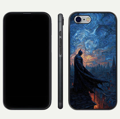 Dark Knight Dusk Glass Case for iPhone 16 Pro dual-view layout displaying HD hero print and curved glass edges