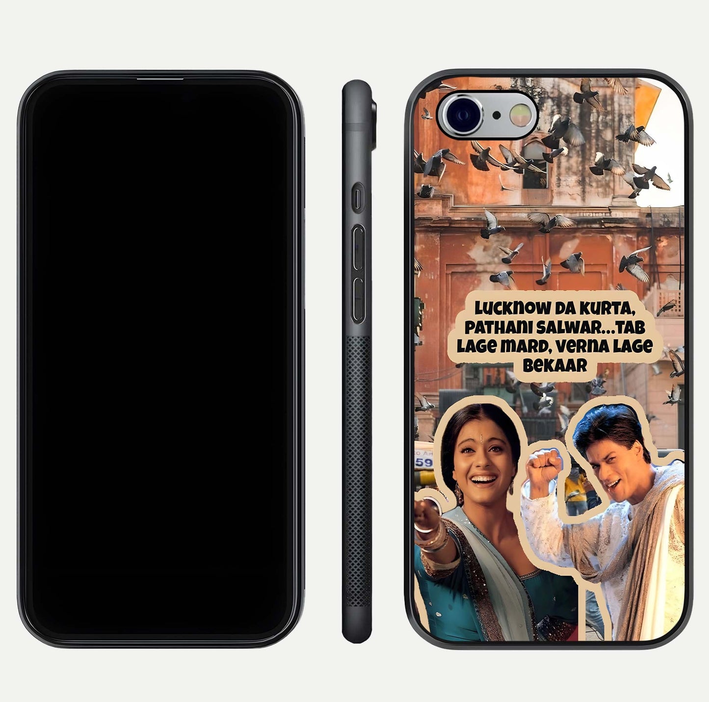 Desi Retro Vibes Glass Case for iPhone 16 Pro dual-view layout showing nostalgic design and smooth glass curve