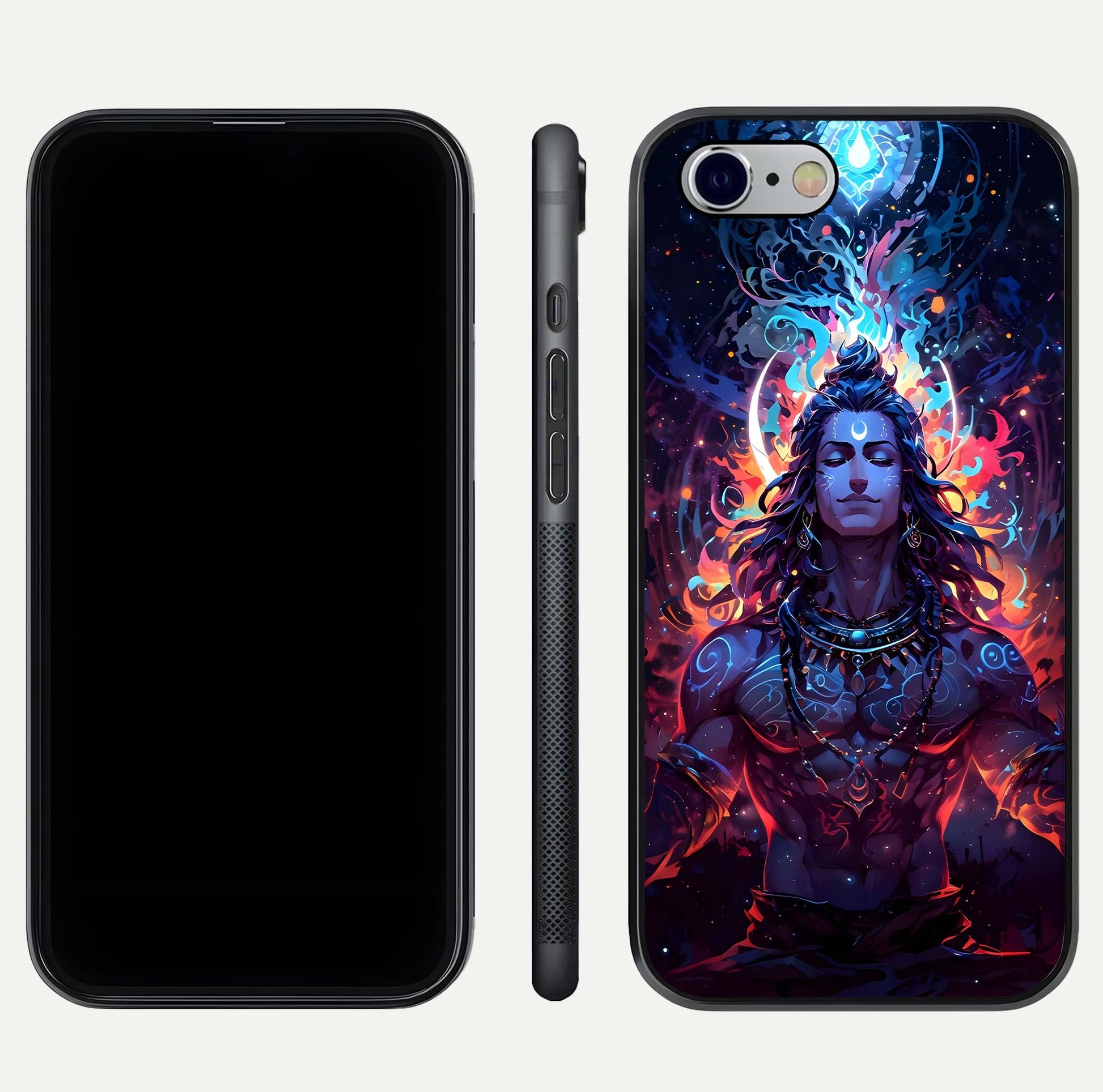 Divine Fire Shiv Glass Case for iPhone 16 Pro dual-view layout displaying HD deity print and curved edges