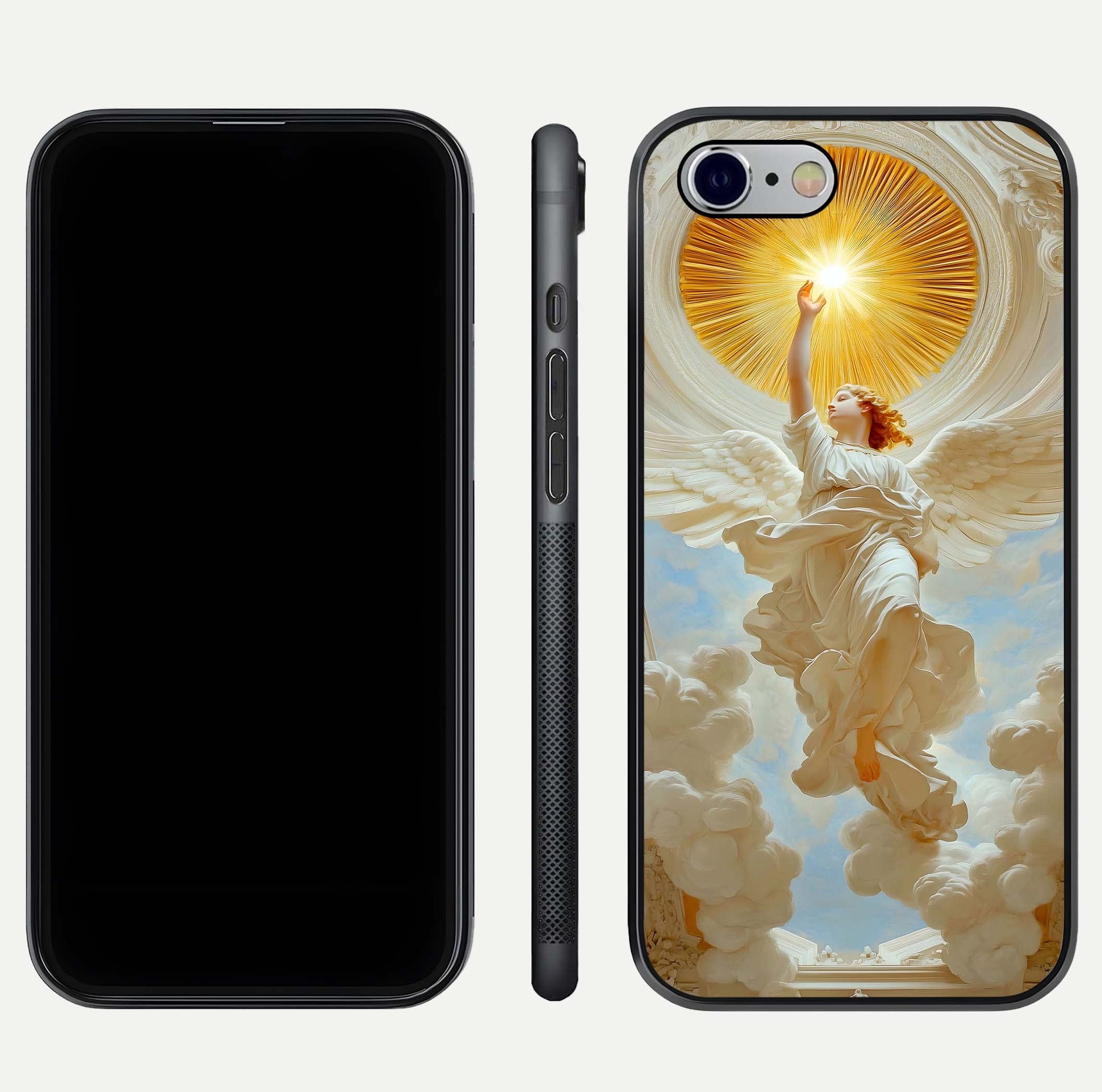 Divine Light Angel Glass Case for iPhone 16 Pro dual-view layout displaying celestial tones and smooth curves