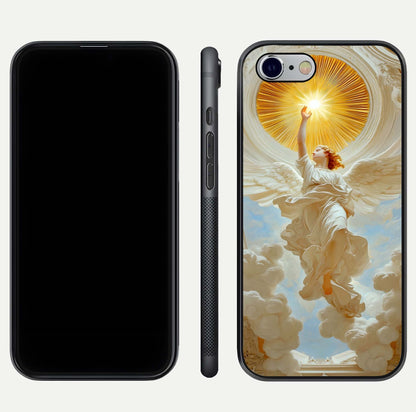 Divine Light Angel Glass Case for iPhone 16 Pro dual-view layout displaying celestial tones and smooth curves