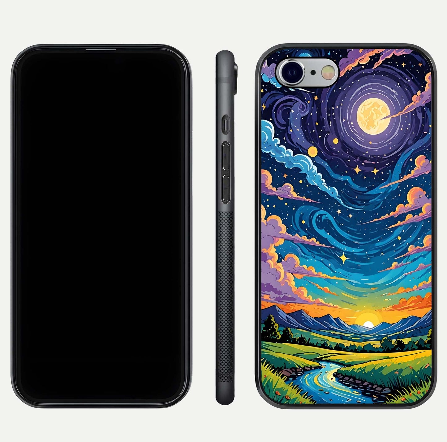 Dreamy Night Landscape Glass Case for iPhone 16 Pro dual-view layout displaying HD print and curved glass edges