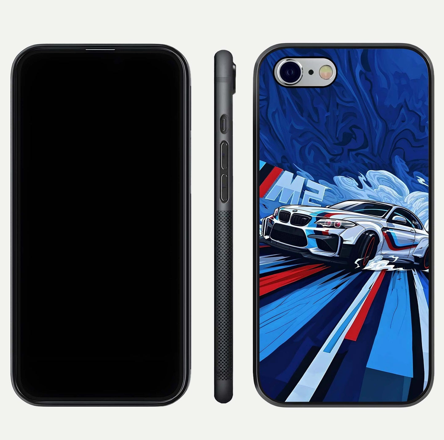 Drift Power Rush Glass Case for iPhone 16 Pro dual-view layout displaying dynamic motion art and HD gloss