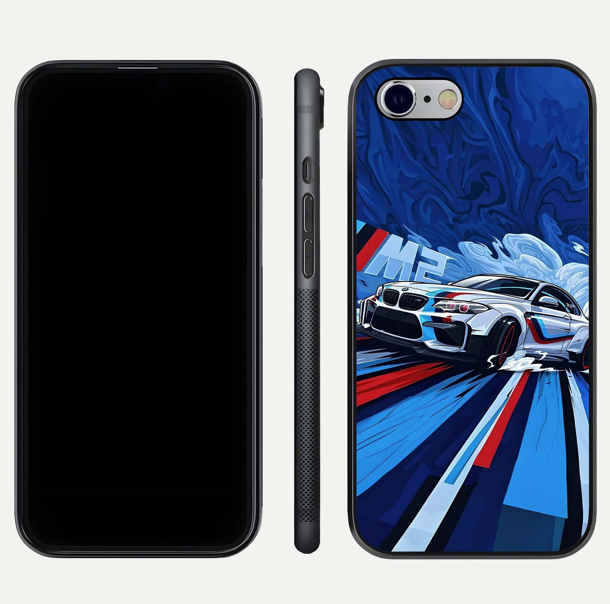 Drift Power Rush Glass Case for iPhone 16 Pro dual-view layout displaying dynamic motion art and HD gloss