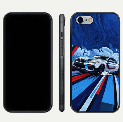 Drift Power Rush Glass Case for iPhone 16 Pro dual-view layout displaying dynamic motion art and HD gloss