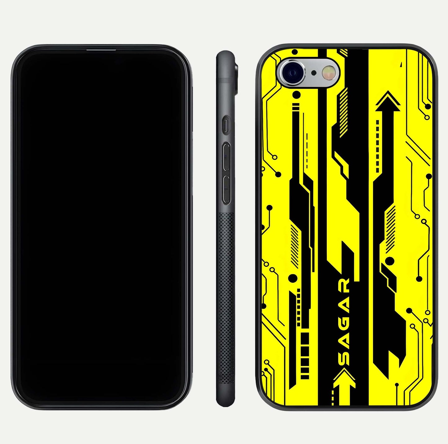 Electric Pulse CYBERPUNK Custom Name Glass Case for iPhone 16 Pro dual-view layout displaying futuristic hues and curved glass edges