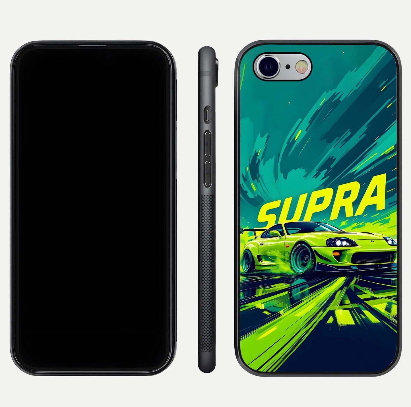 Electric Supra Thunder Glass Case for iPhone 16 Pro dual-view layout displaying dynamic motion art and curved finish
