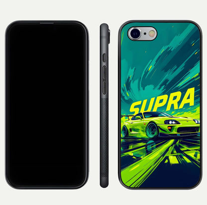 Electric Supra Thunder Glass Case for iPhone 16 Pro dual-view layout displaying dynamic motion art and curved finish