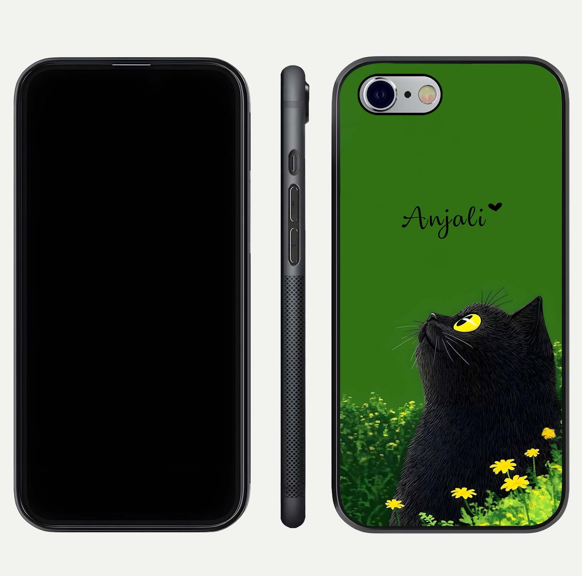 Emerald Cat Custom Name Glass Case for iPhone 16 Pro dual-view layout displaying artistic tones and smooth curves