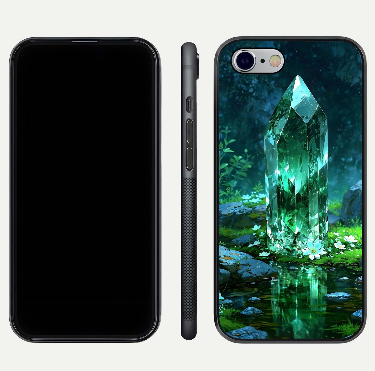 Emerald Light Crystal Glass Case for iPhone 16 Pro dual-view layout displaying gem-like tones and polished edge