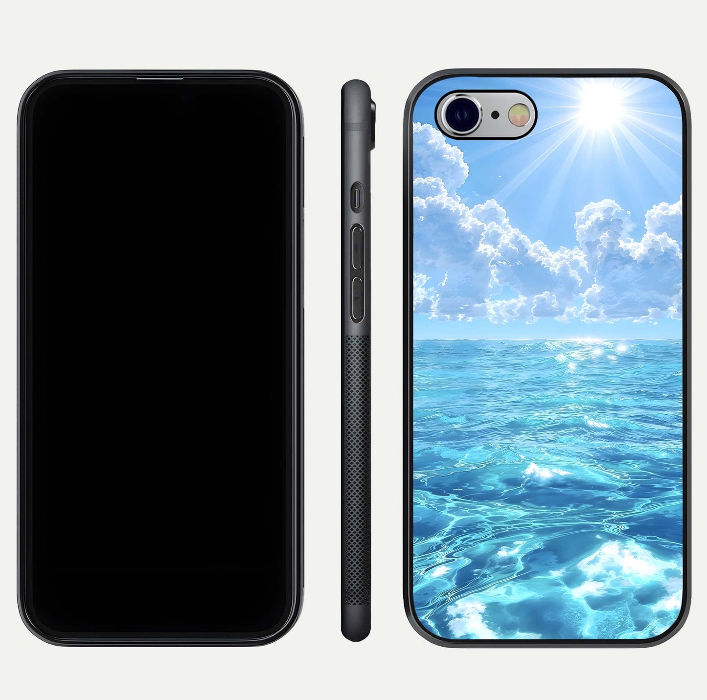 Endless Ocean Horizon Glass Case for iPhone 16 Pro dual-view layout displaying calm seascape and curved edges