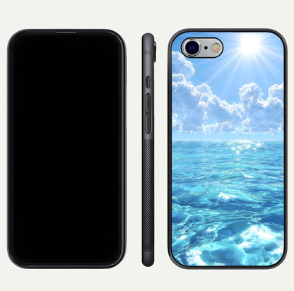 Endless Ocean Horizon Glass Case for iPhone 16 Pro dual-view layout displaying calm seascape and curved edges