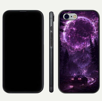 Eternal Cosmic Drive Glass Case for iPhone 16 Pro dual-view layout displaying outer-space tones and curved finish