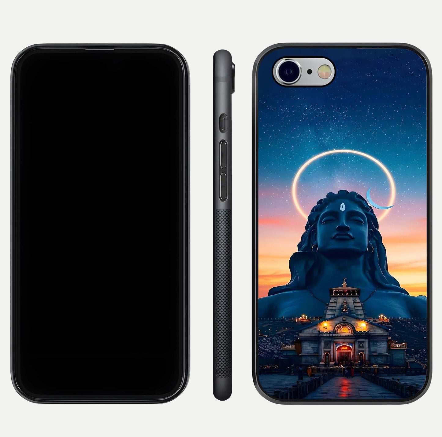 Eternal Shiva Aura Glass Case for iPhone 16 Pro dual-view layout displaying HD deity print and smooth edge
