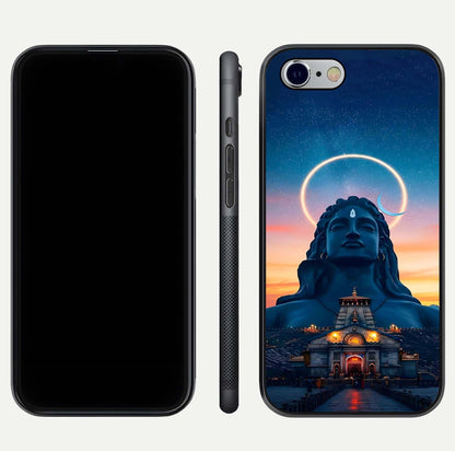 Eternal Shiva Aura Glass Case for iPhone 16 Pro dual-view layout displaying HD deity print and smooth edge