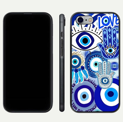 Evil Eyes Dream Glass Case for iPhone 16 Pro dual-view layout displaying spiritual motif and polished curved edge