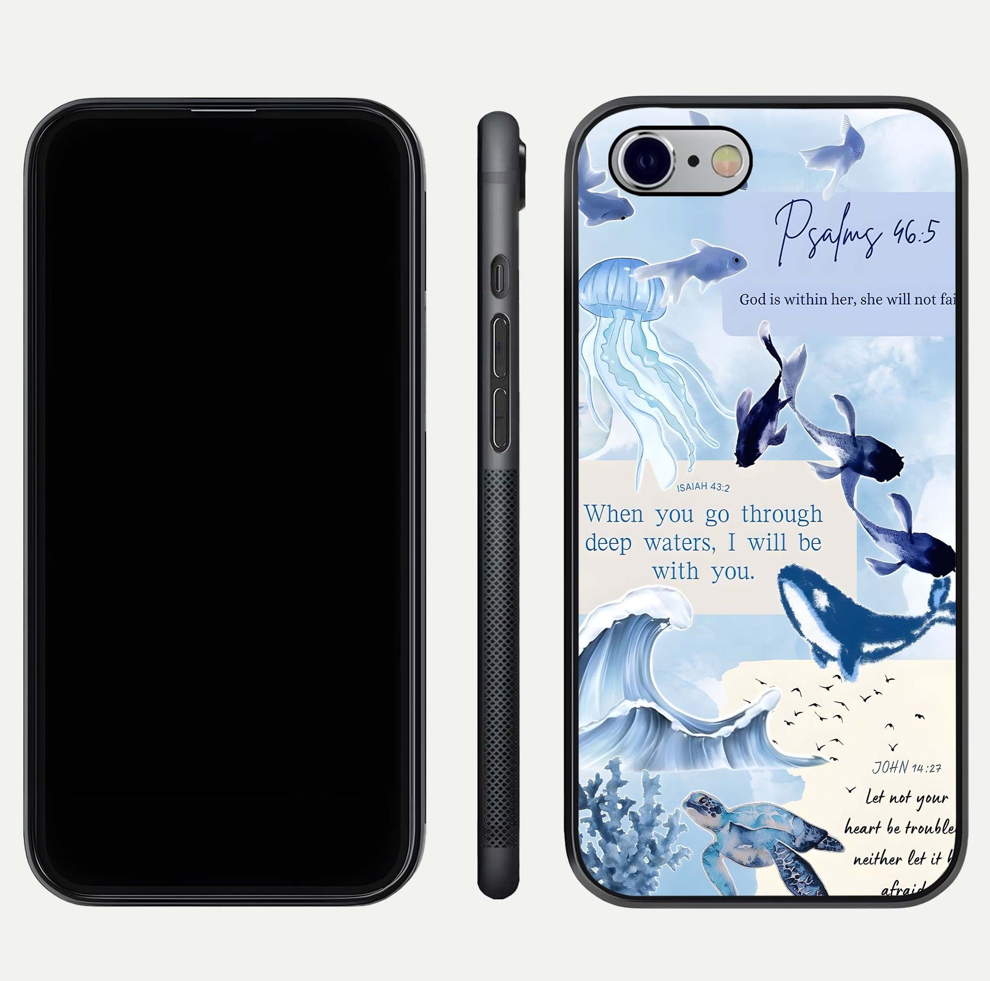 Faithful Ocean Promise Glass Case for iPhone 16 Pro dual-view layout showing sea horizon art and curved polish