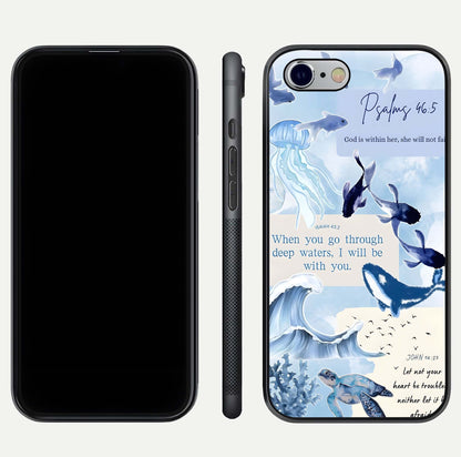 Faithful Ocean Promise Glass Case for iPhone 16 Pro dual-view layout showing sea horizon art and curved polish