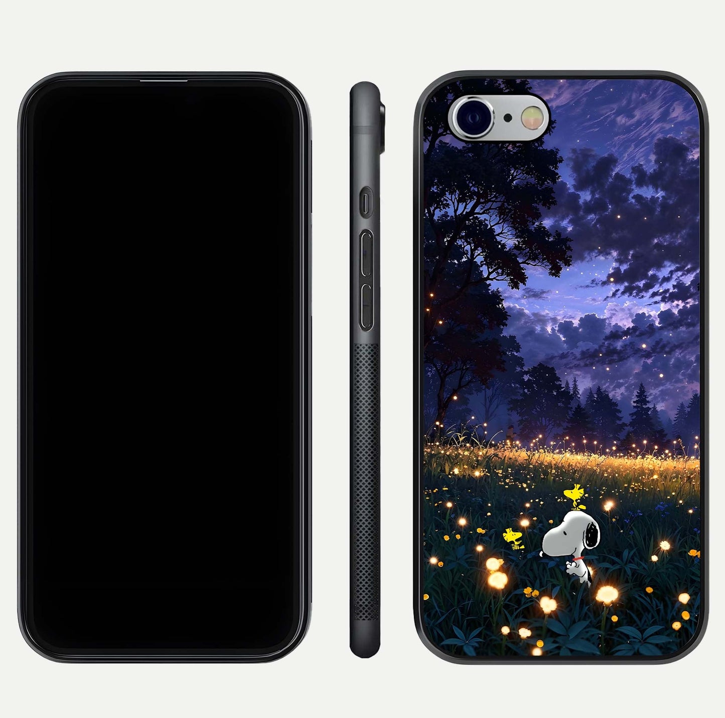 Firefly Meadow Magic Glass Case for iPhone 16 Pro dual-view layout displaying enchanting tones and curved edges