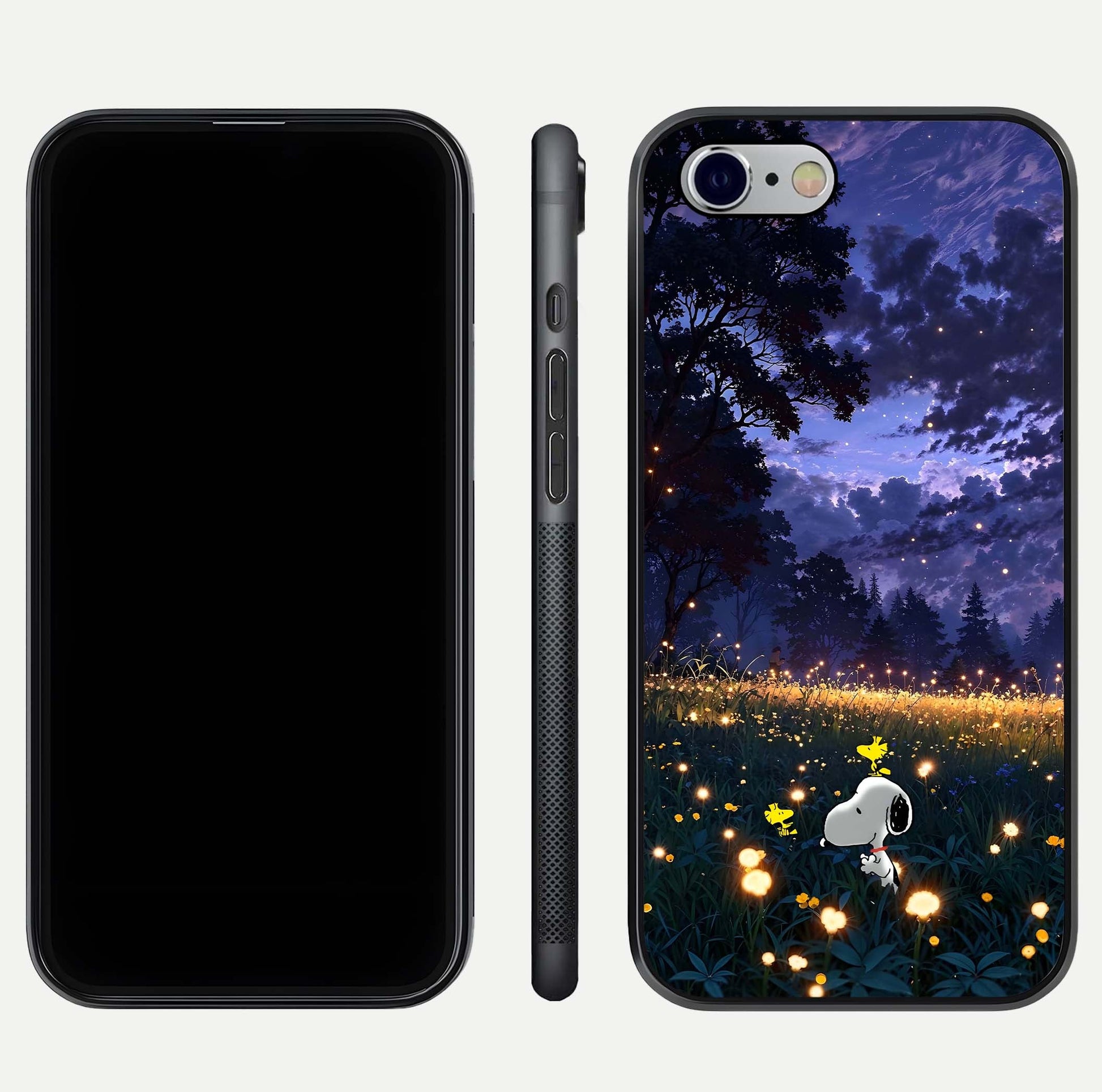 Firefly Meadow Magic Glass Case for iPhone 16 Pro dual-view layout displaying enchanting tones and curved edges
