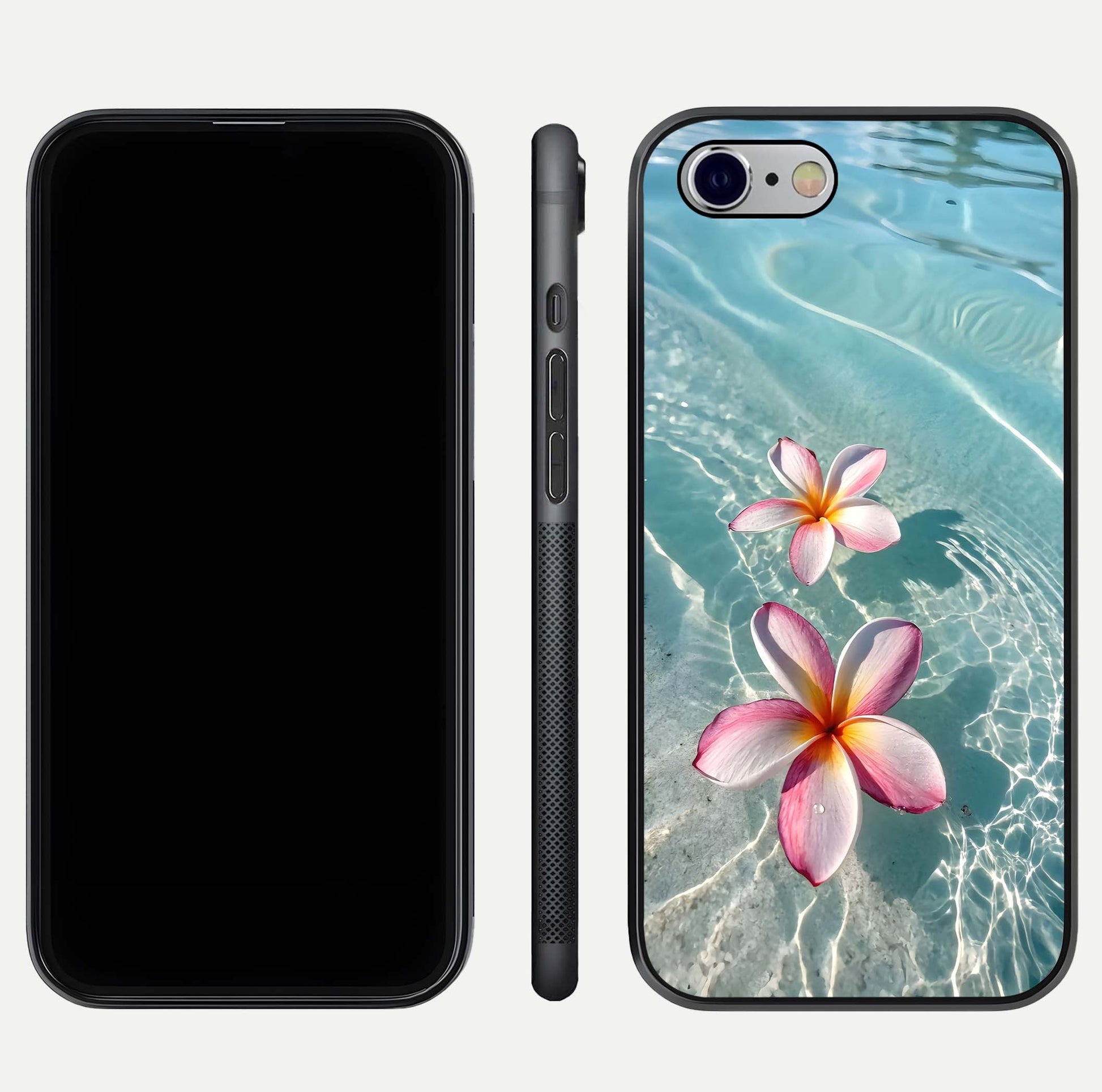 Floating Bloom Bliss Glass Case for iPhone 16 Pro dual-view layout displaying soft pastel flowers and curved glass