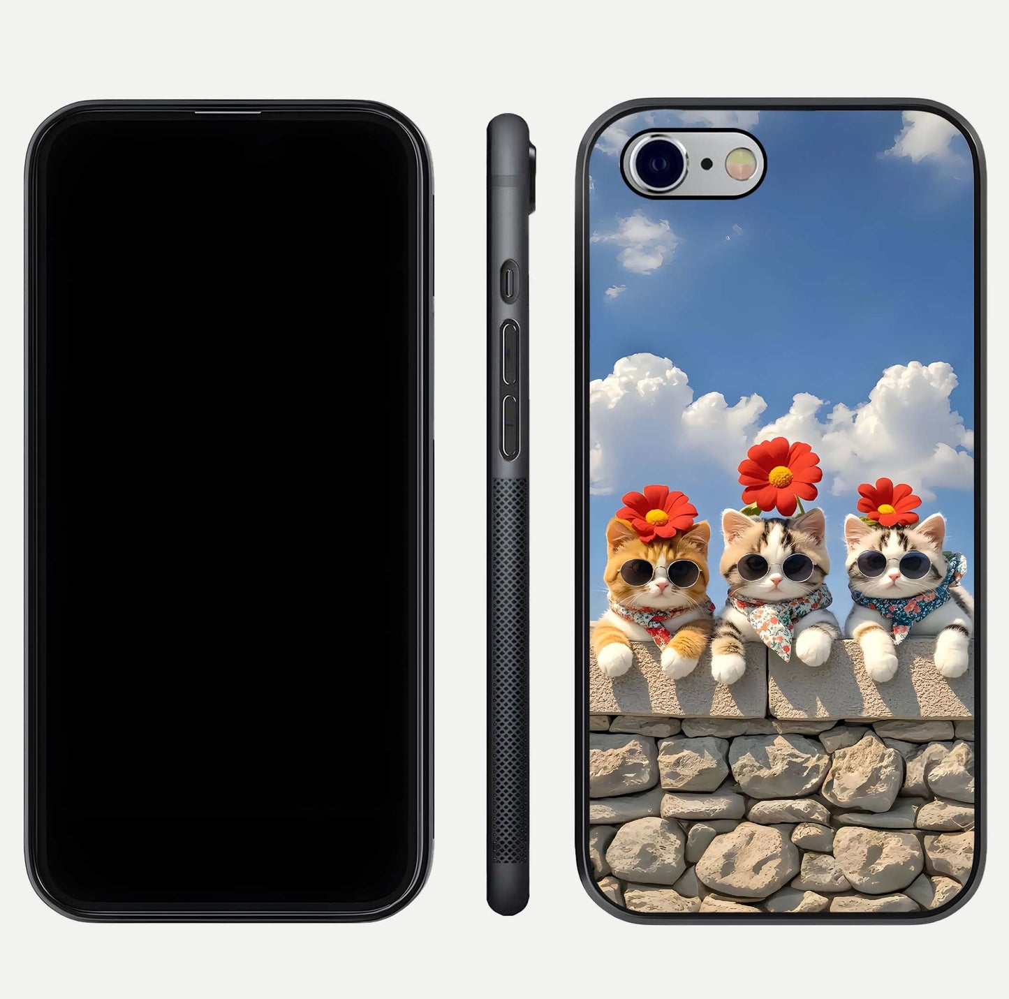Floral Kitty Squad Glass Case for iPhone 16 Pro dual-view layout displaying vibrant tones and smooth edges