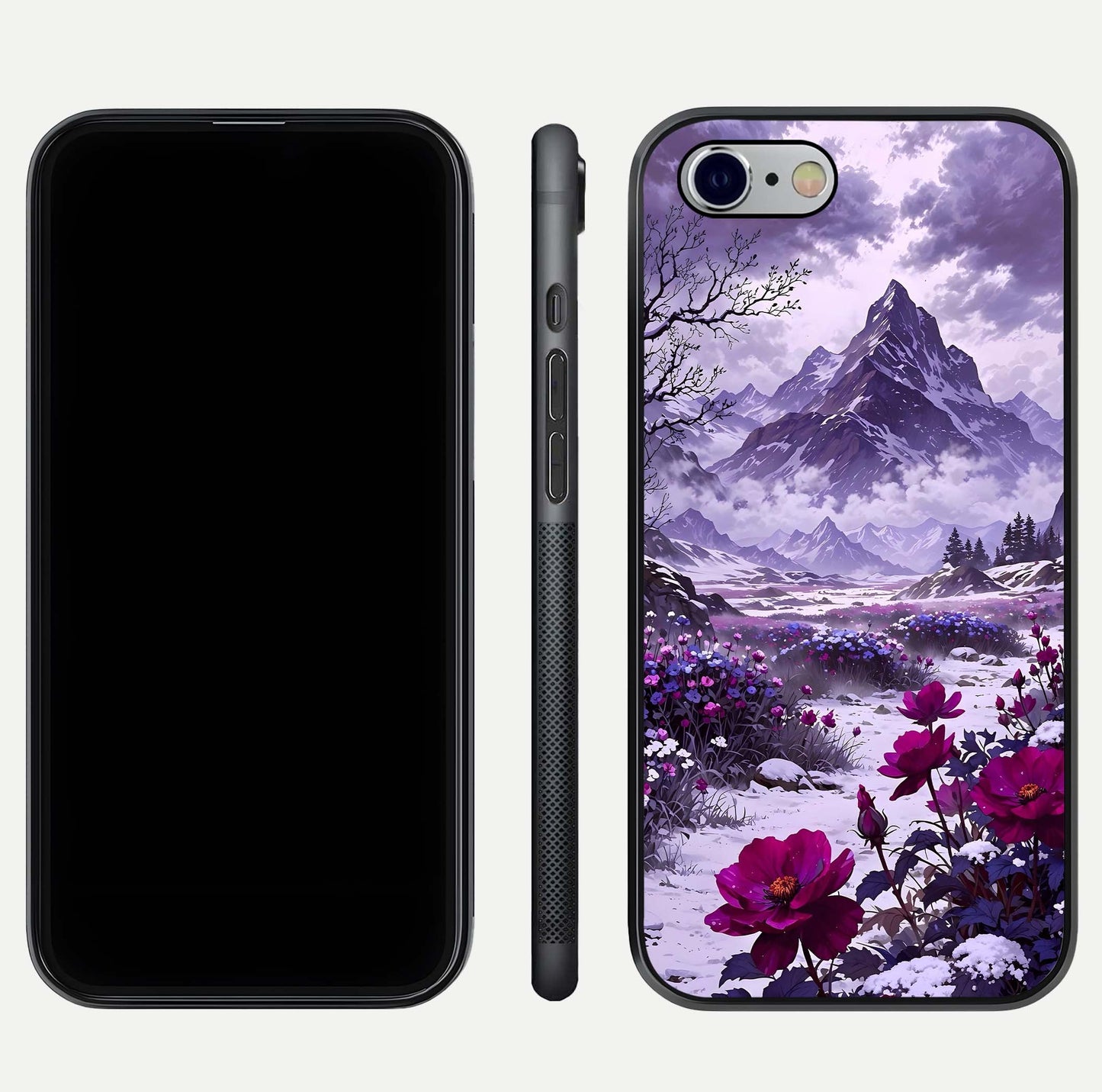 Flower Mountain View Glass Case for iPhone 16 Pro dual-view layout displaying scenic tones and curved glass finish