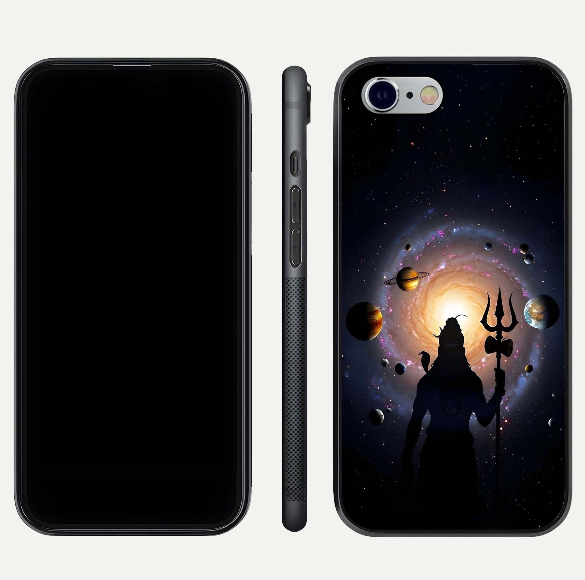Galactic Shiva Vision Glass Case for iPhone 16 Pro front and back view layout showing celestial background and polished curved glass