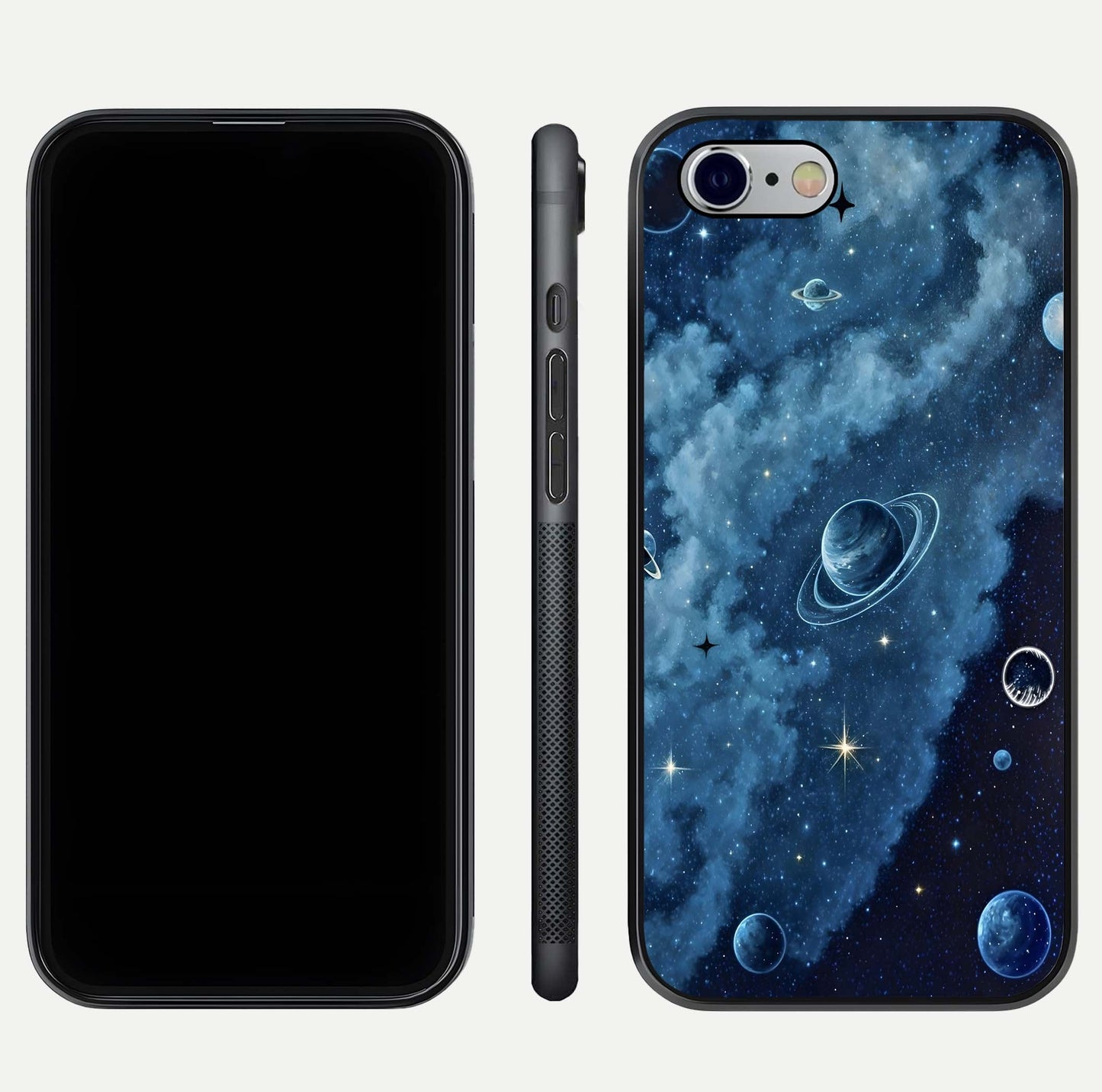 Galaxy Dream Space Glass Case for iPhone 16 Pro front and back view layout showing deep-space tones and curved edges