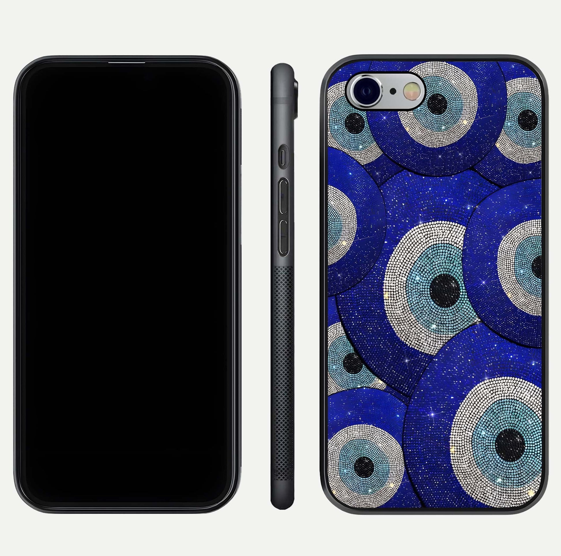 Galaxy Eye Flow Glass Case for iPhone 16 Pro front and back view layout displaying cosmic art and curved glass borders