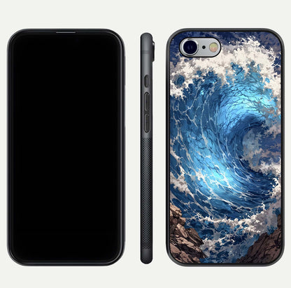 Giant Ocean Wave Glass Case for iPhone 16 Pro front and back view layout displaying sea tones and smooth curved edges
