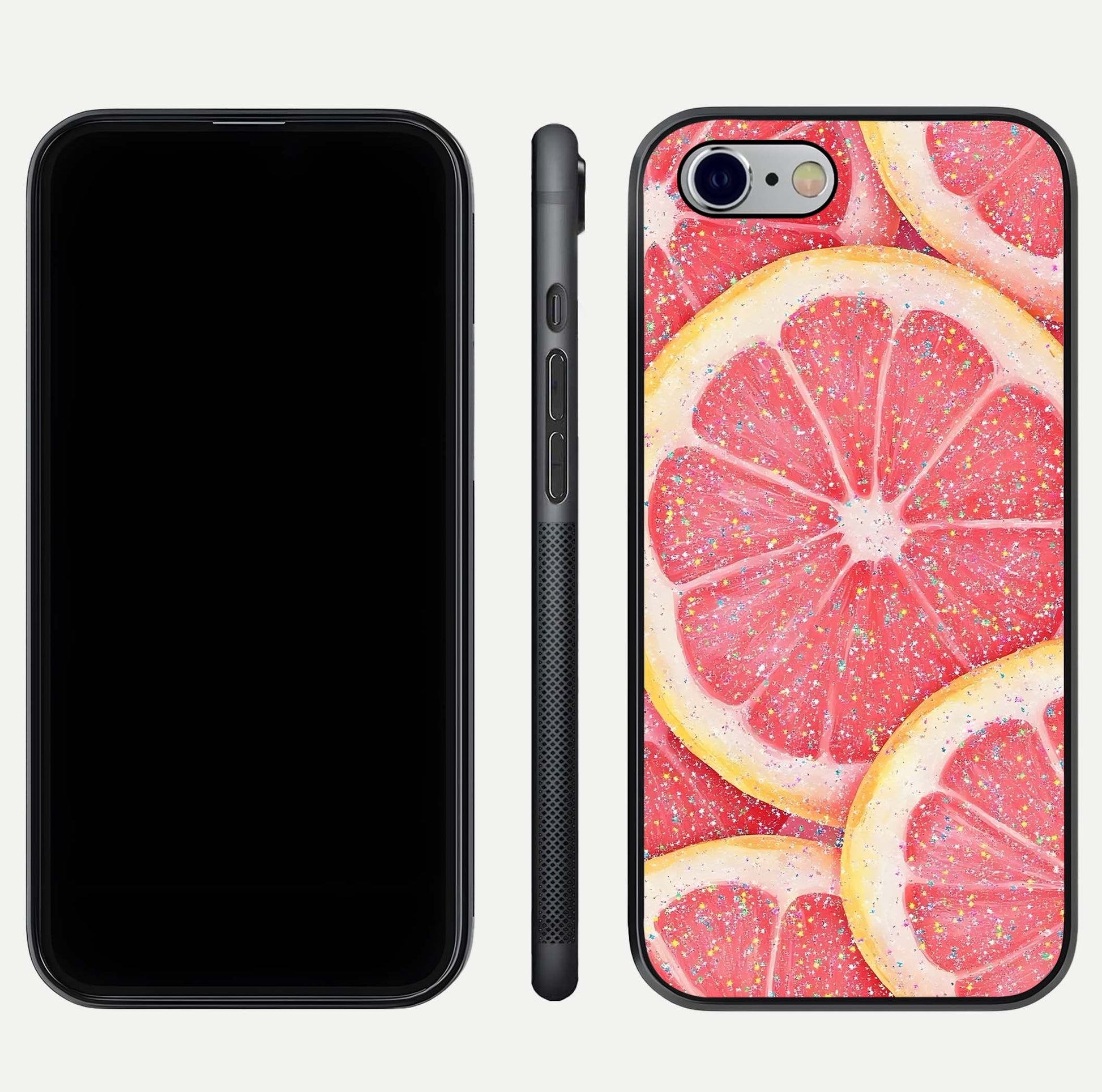 Glitter Grapefruit Glass Case for iPhone 16 Pro front and back view layout highlighting citrus hues and smooth glass