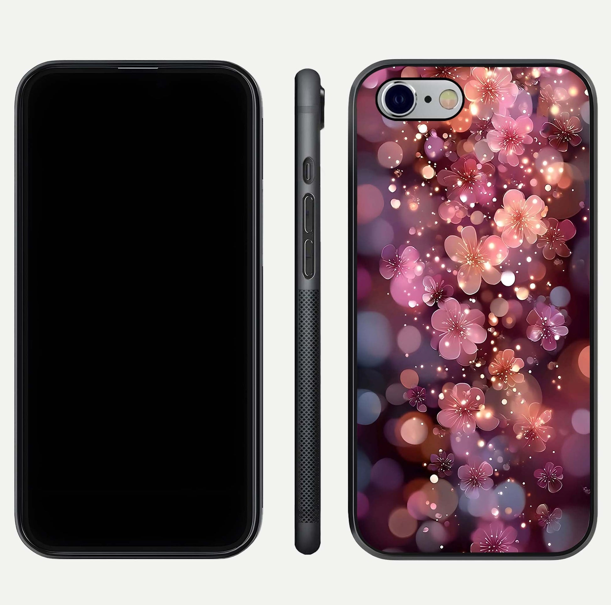 Glowing Petal Bliss Glass Case for iPhone 16 Pro front and back view layout displaying artistic floral design and curved glass