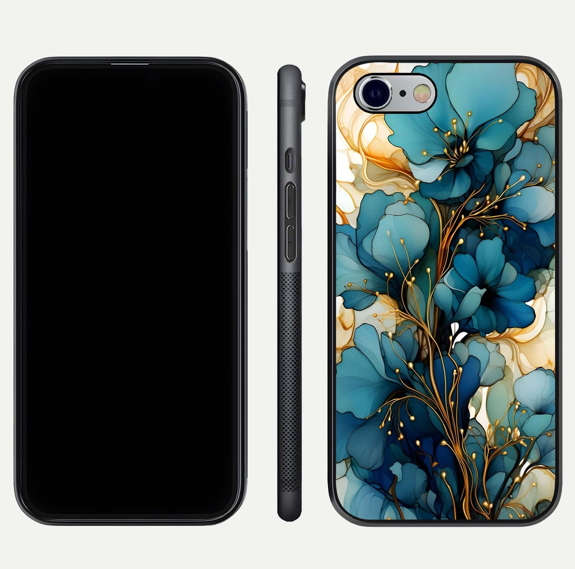 Golden Bloom Symphony Glass Case for iPhone 16 Pro front and back view layout highlighting rich floral tones and curved glass edges