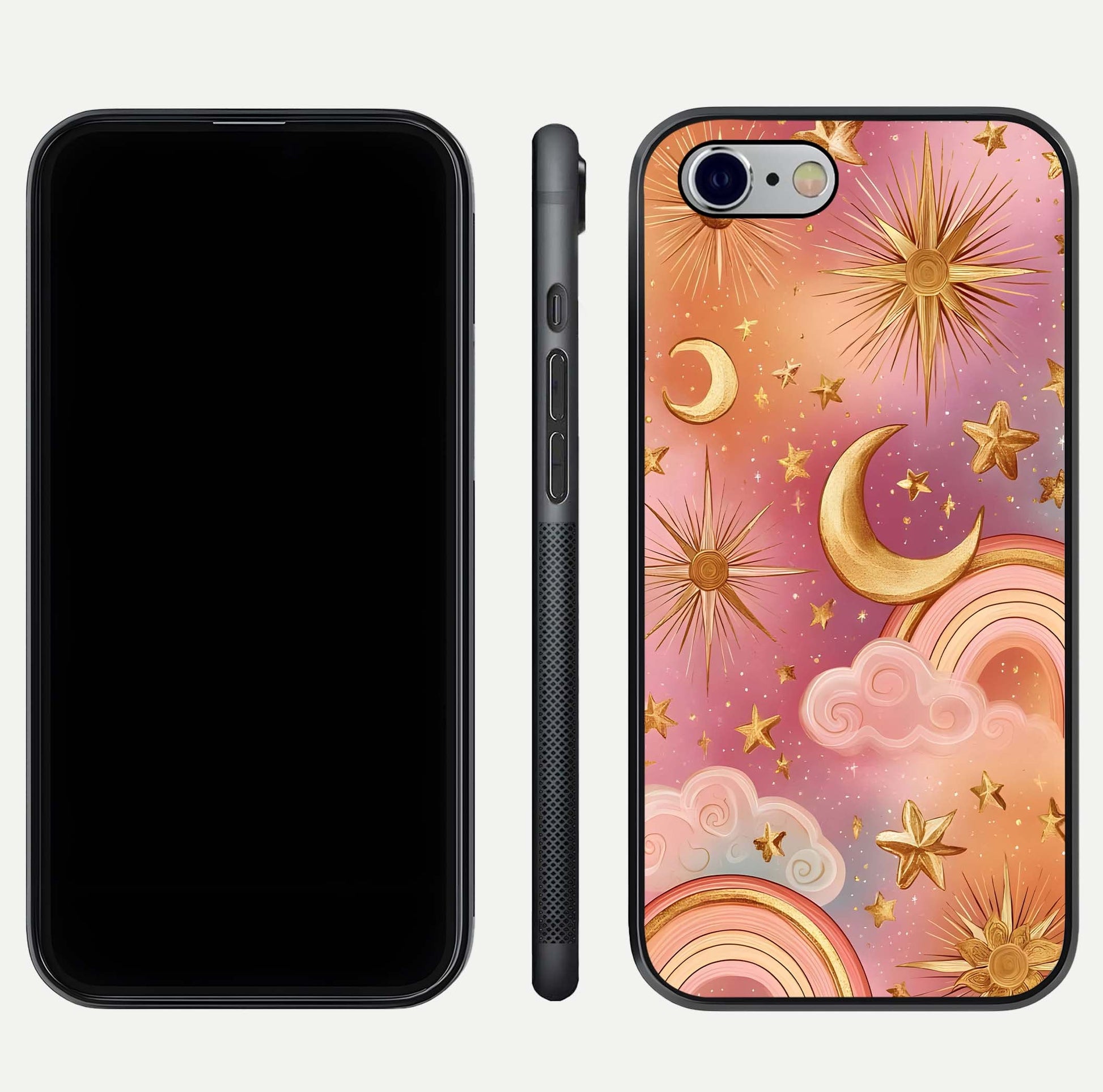 Golden Celestial Dreams Glass Case for iPhone 16 Pro front and back view layout highlighting celestial motifs and smooth curved edge