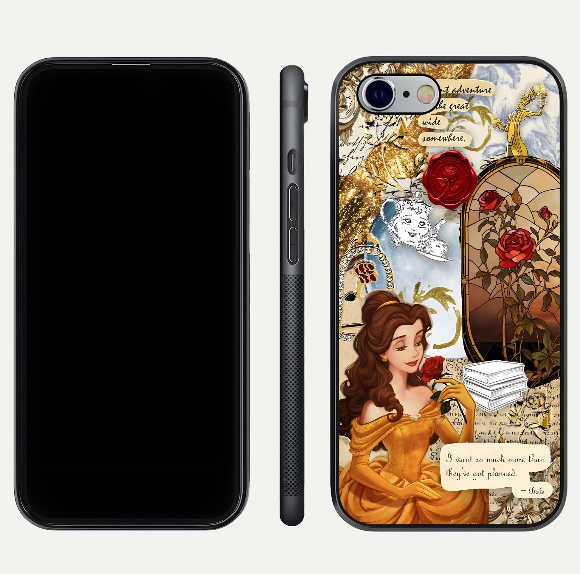 Golden Dream Belle Glass Case for iPhone 16 Pro front and back view layout displaying dreamy golden theme and smooth curvature