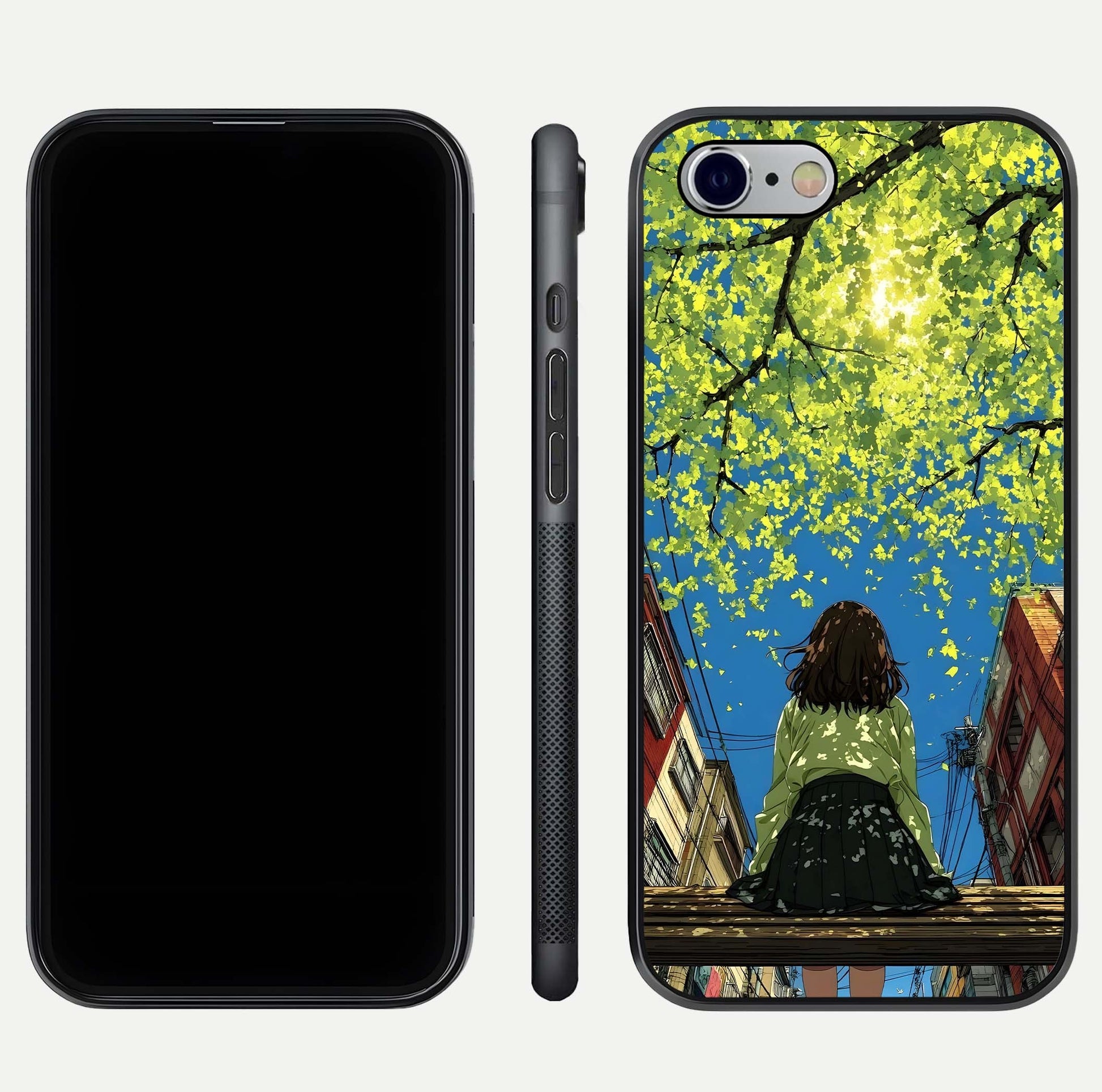 Golden Leaves Glow Glass Case for iPhone 16 Pro front and back view layout highlighting glowing tones and curved edges